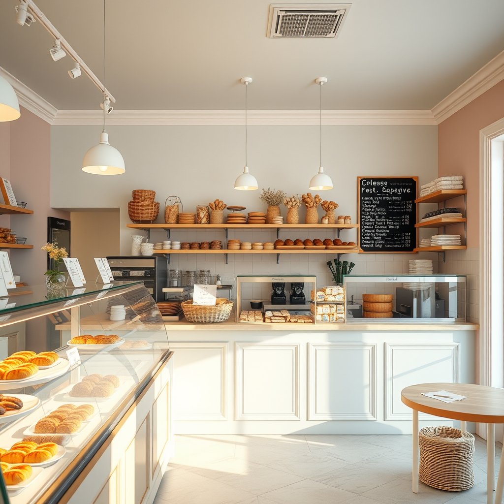 food bakery shop interior bread counter, bright and airy, pastel tones, dreamy aesthetic