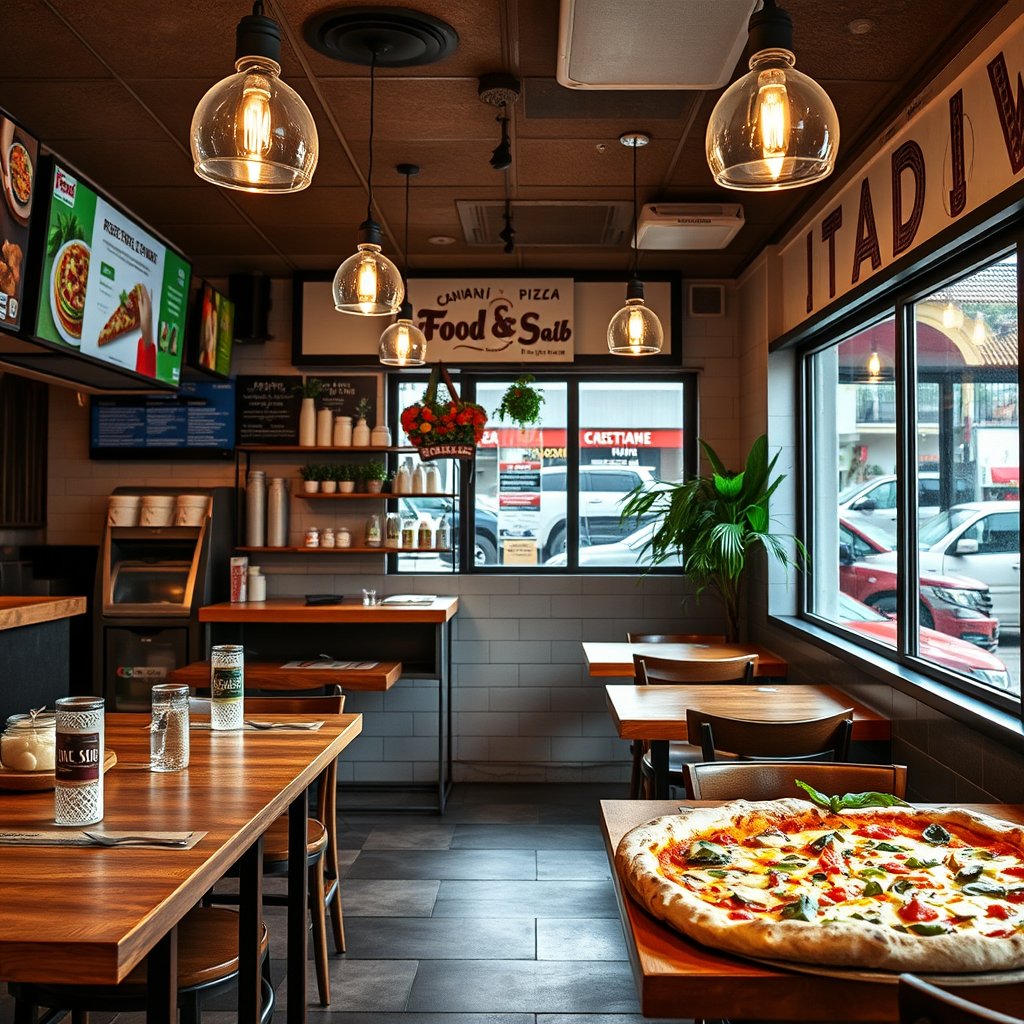 food pizza restaurant interior italian, highly detailed, 8k, professional photography, sharp focus