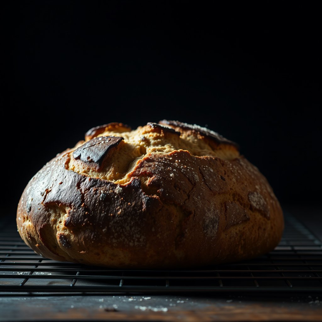 fresh bread loaf bakery, moody lighting, high contrast, fine art photography