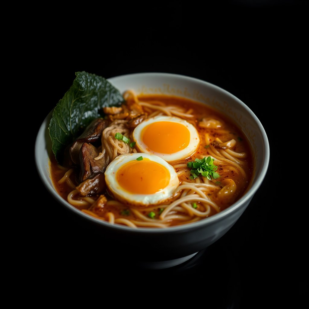 a bowl of ramen with egg, noodles and vegetables, moody lighting, high contrast, fine art photography