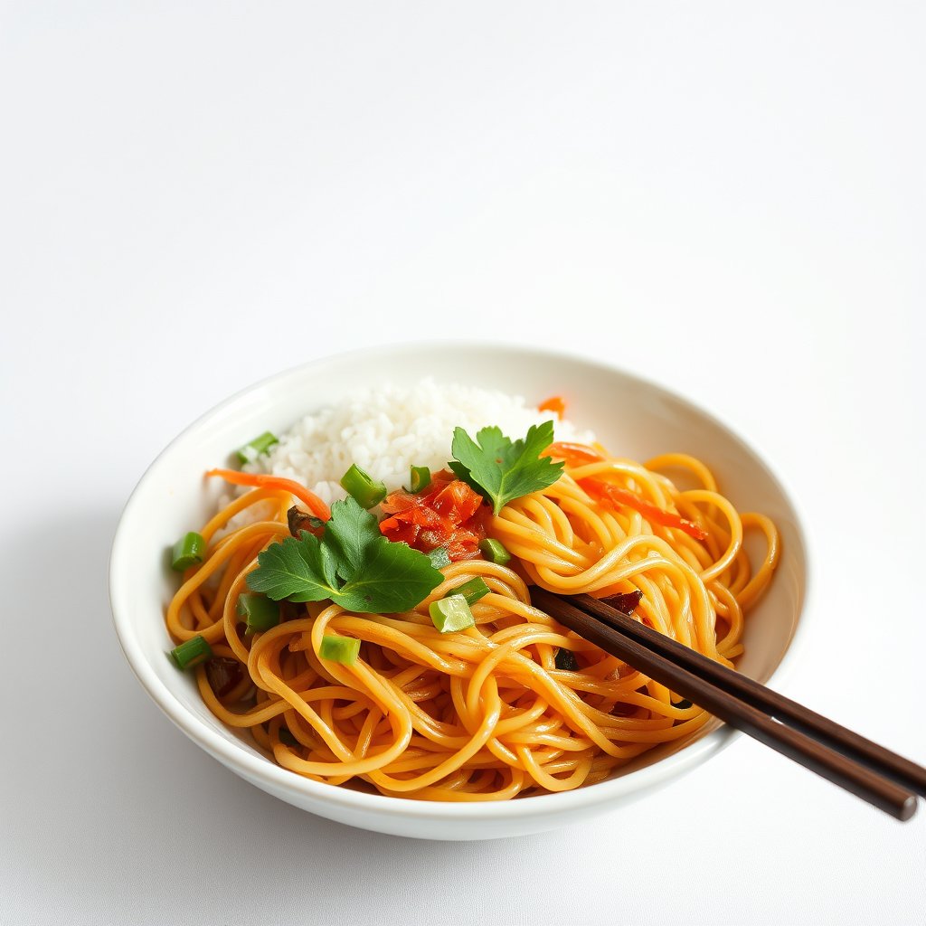 food asian dish noodles rice, minimalist composition, clean background, elegant