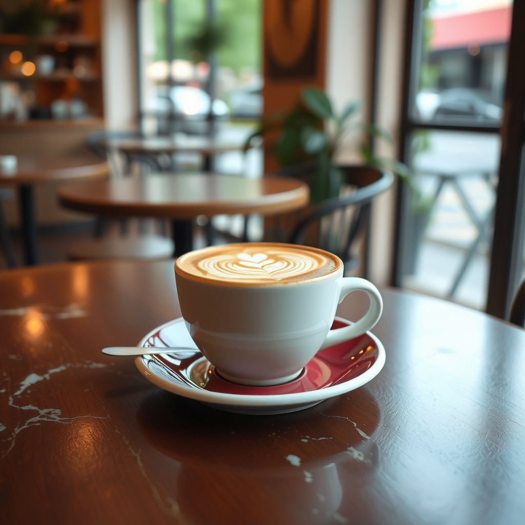 an artisan coffee cup with latte art on a cafe table, bright and airy, pastel tones, dreamy aesthetic