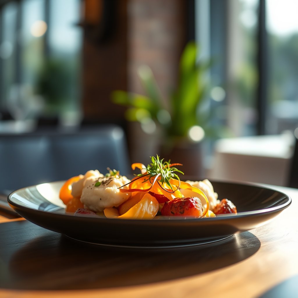 food gourmet dish restaurant serving plate, soft natural light, shallow depth of field, bokeh