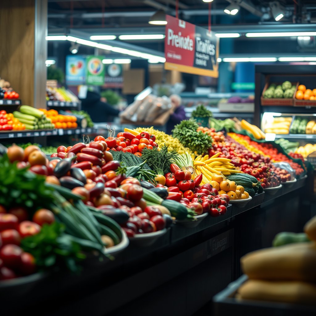 fresh grocery fruits vegetables display, cinematic lighting, vibrant colors, dramatic atmosphere