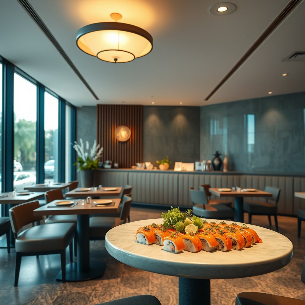 food sushi restaurant interior japanese, minimalist composition, clean background, elegant