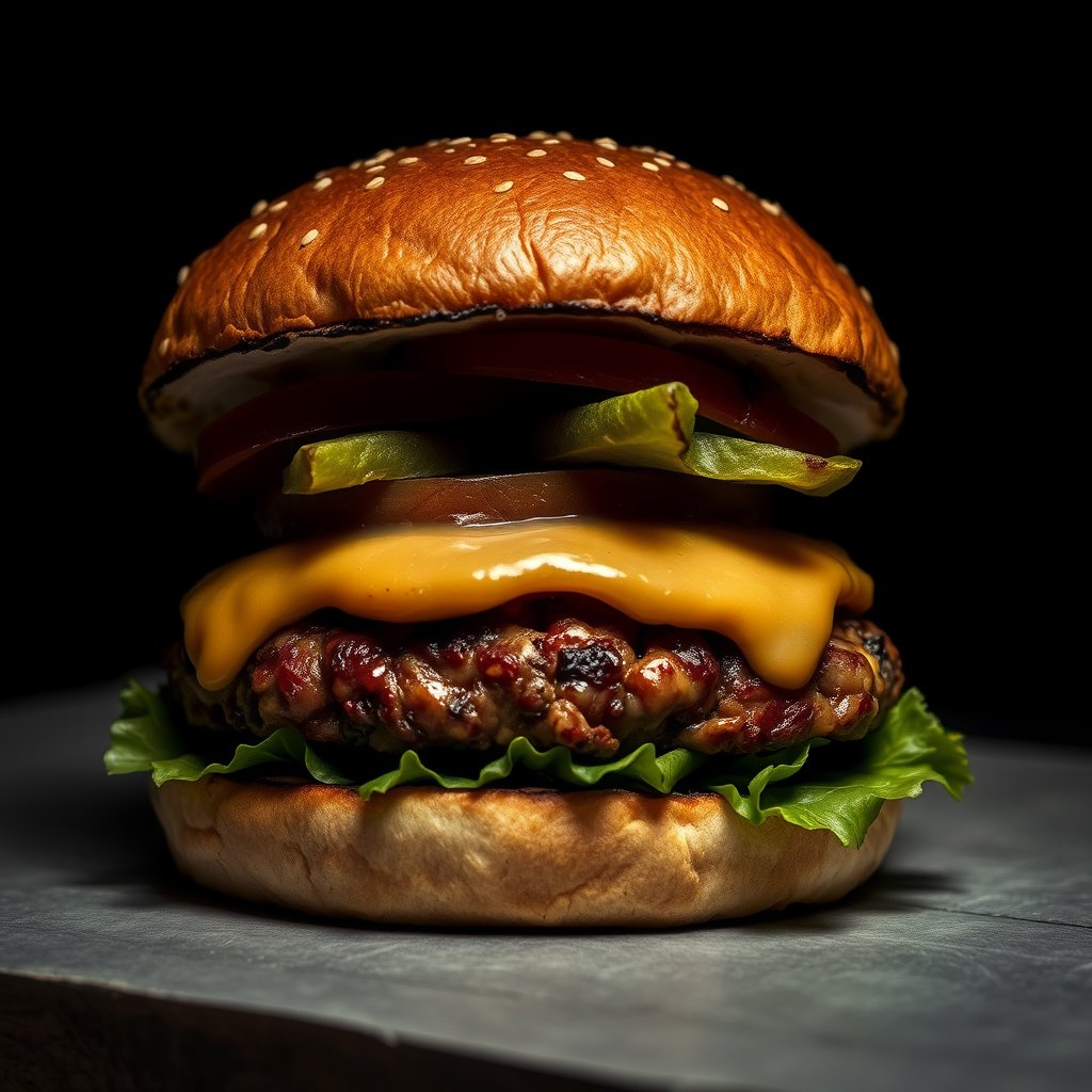 food burger sandwich meat patty, moody lighting, high contrast, fine art photography
