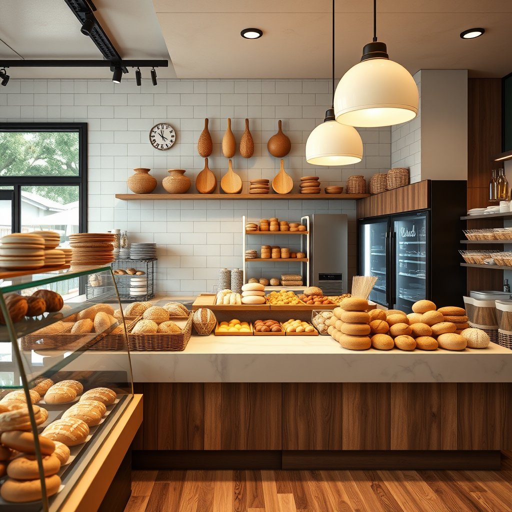 food bakery shop interior bread counter, ultra realistic, crisp details, studio quality