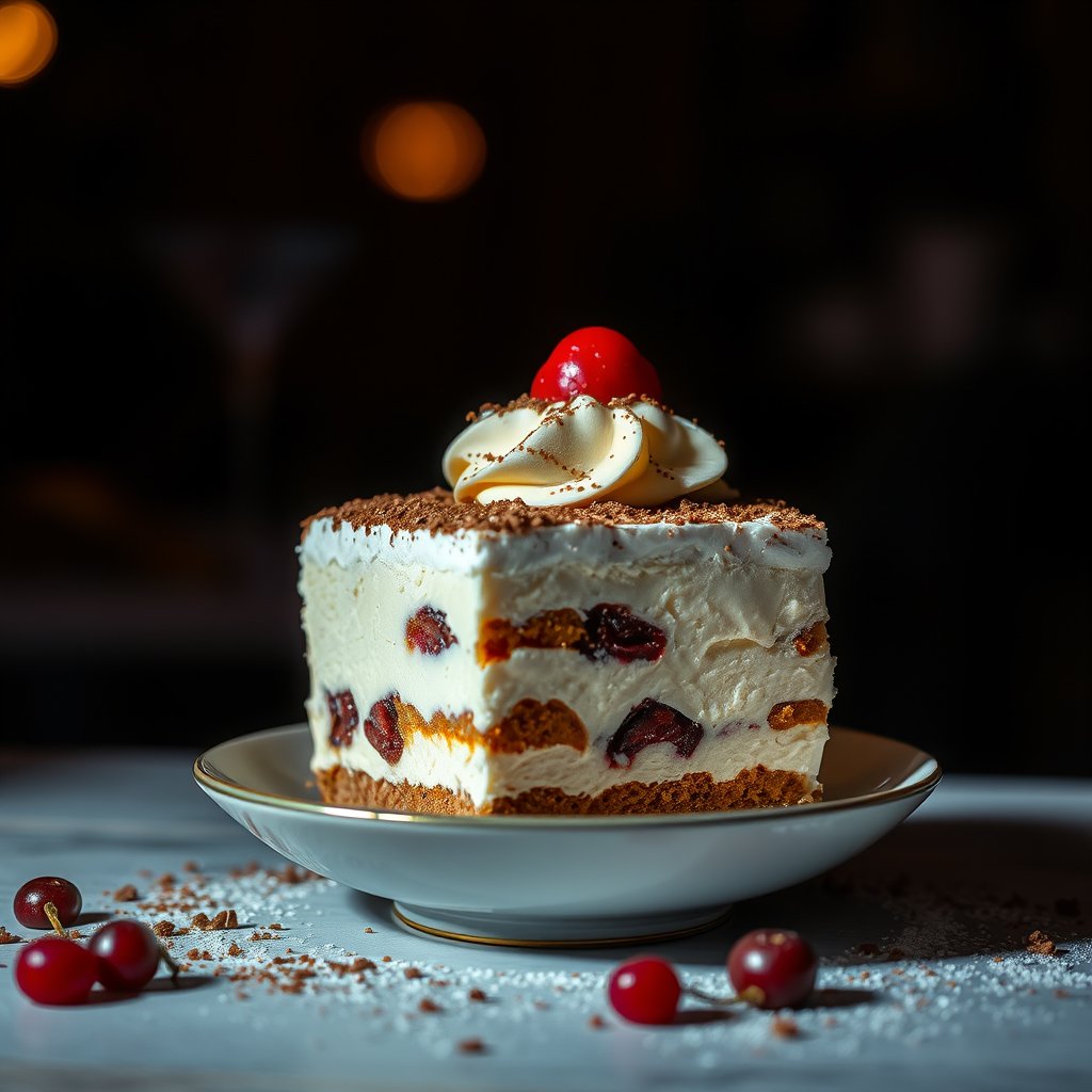 tiramisu dessert portion, food photography, cinematic lighting, vibrant colors, dramatic atmosphere