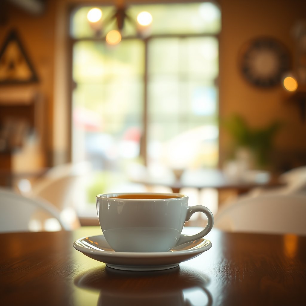a coffee in a cafe photo, soft natural light, shallow depth of field, bokeh