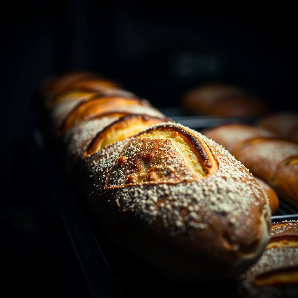 food fresh bread pastry bakery, moody lighting, high contrast, fine art photography