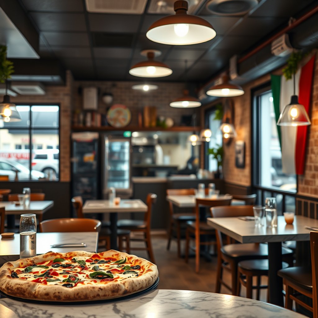 food pizza restaurant interior italian, highly detailed, 8k, professional photography, sharp focus