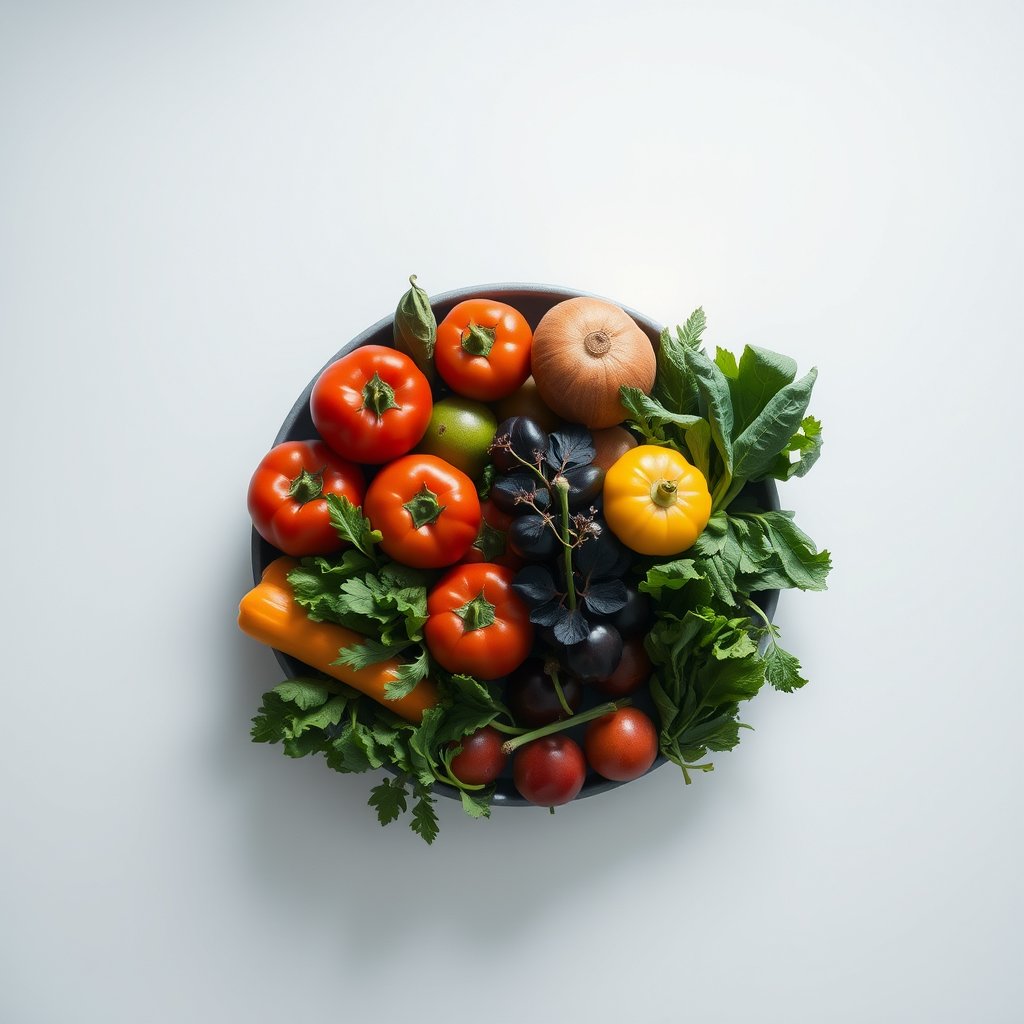 fresh groceries, vegetables and greens, top view, light background — Томаты «Бакинские», cinematic lighting, vibrant colors, dramatic atmosphere