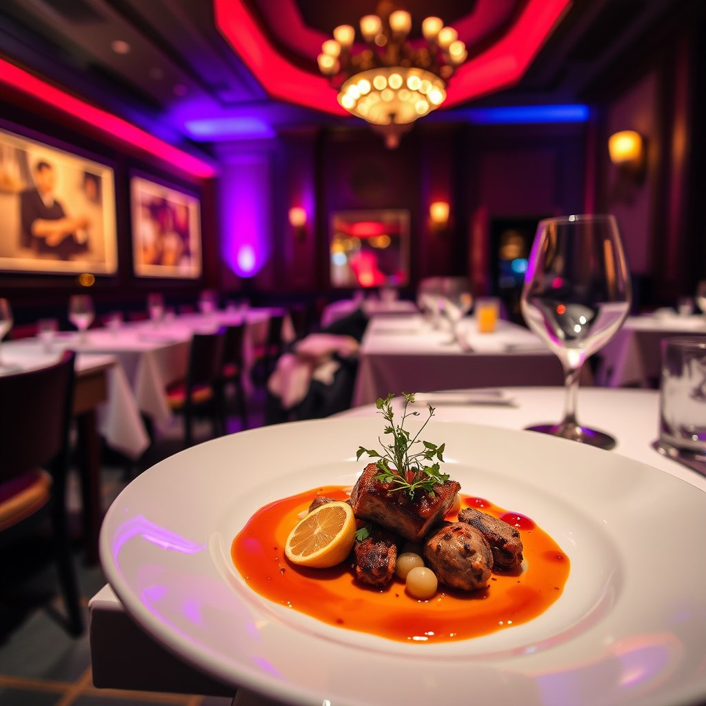 food gourmet dish restaurant serving plate, cinematic lighting, vibrant colors, dramatic atmosphere