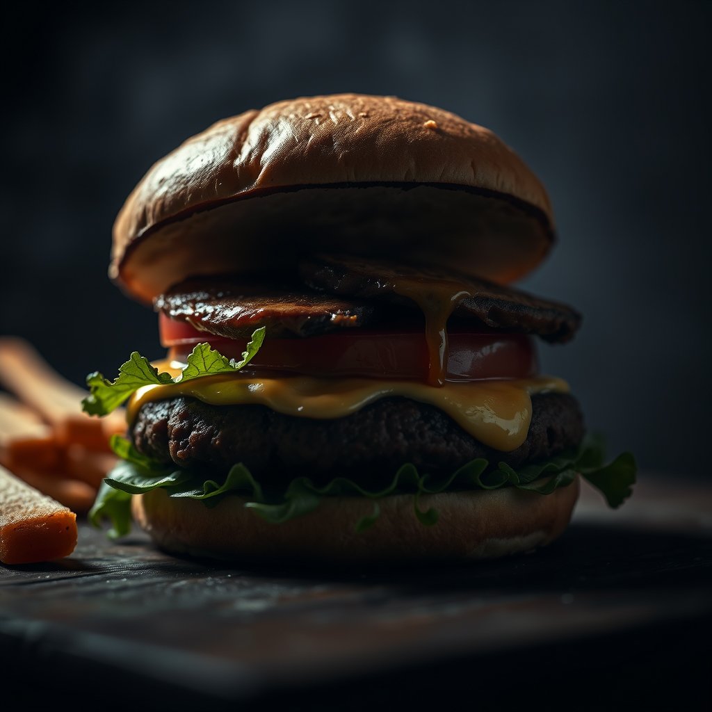food burger sandwich meat patty, moody lighting, high contrast, fine art photography