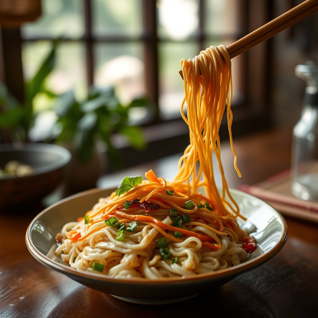 food asian dish noodles rice, soft natural light, shallow depth of field, bokeh