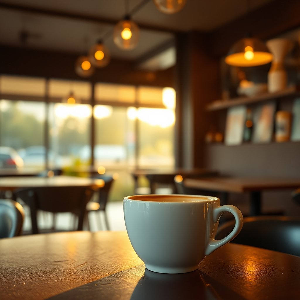 a 2 coffee cup in a cafe photo, golden hour lighting, warm tones, atmospheric