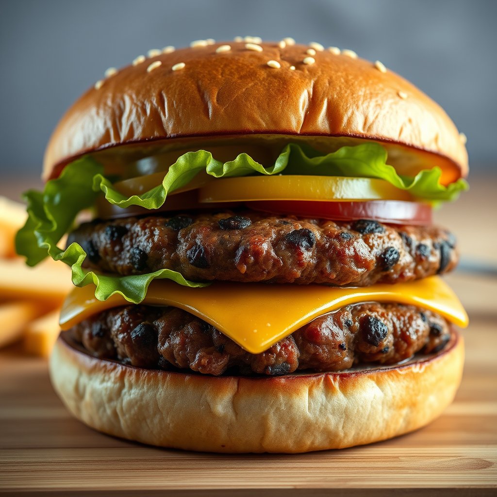 food burger sandwich meat patty, ultra realistic, crisp details, studio quality