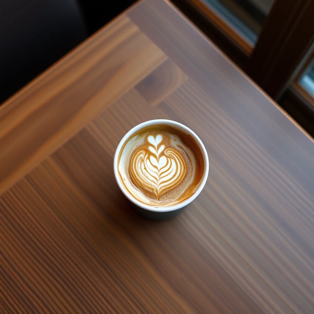 latte in a paper cup on a wooden table, top view, golden hour lighting, warm tones, atmospheric