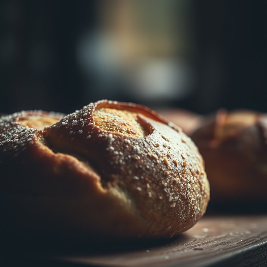 food fresh bread pastry bakery item closeup, moody lighting, high contrast, fine art photography