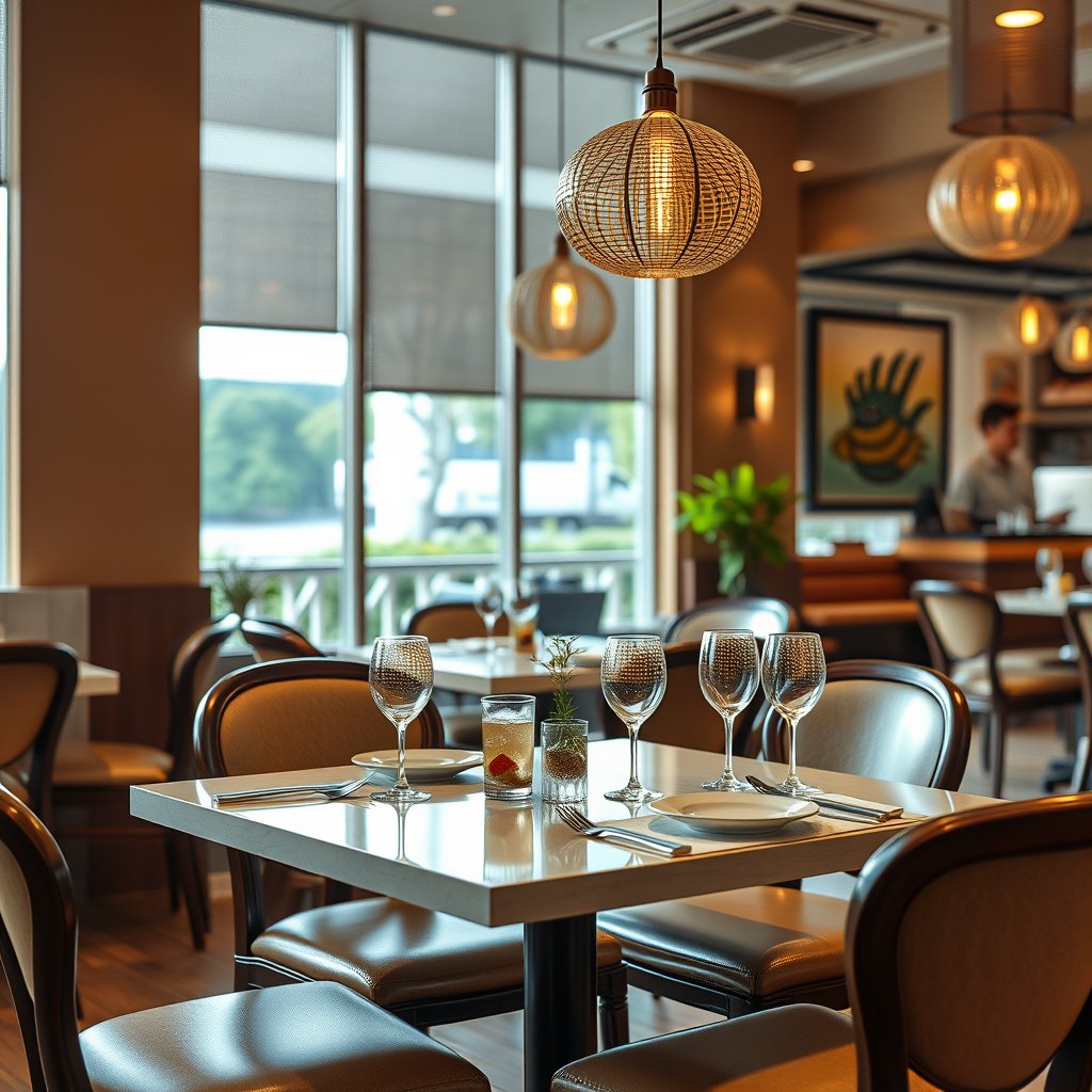 food restaurant interior dining table chairs, highly detailed, 8k, professional photography, sharp focus