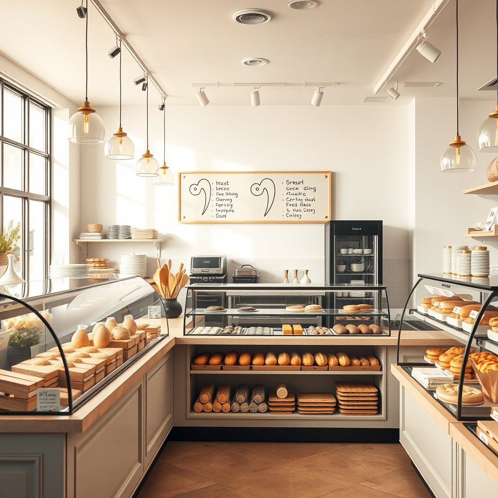 food bakery shop interior bread counter, bright and airy, pastel tones, dreamy aesthetic
