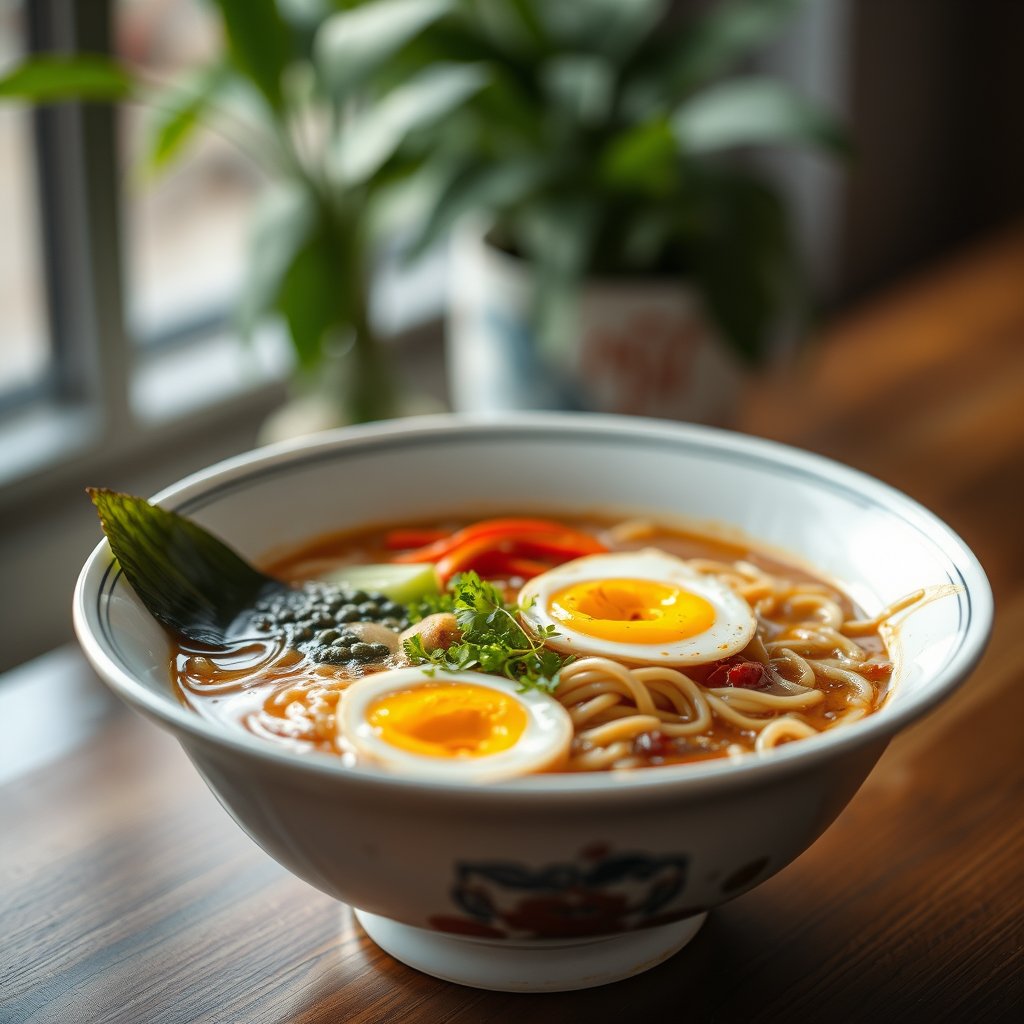 a bowl of ramen with egg, noodles and vegetables, soft natural light, shallow depth of field, bokeh
