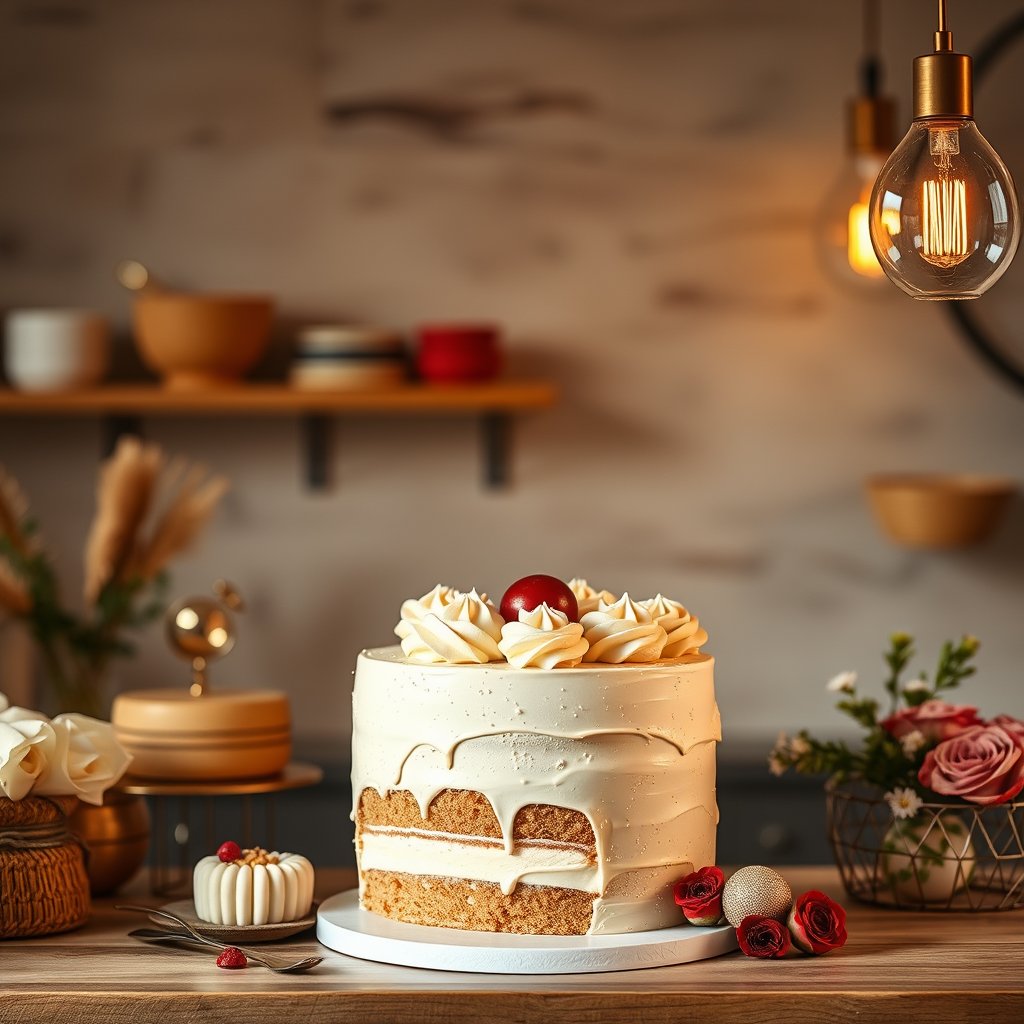 cake bakery webiste home bage. I sell only cakes. I want a banner ith no text, golden hour lighting, warm tones, atmospheric