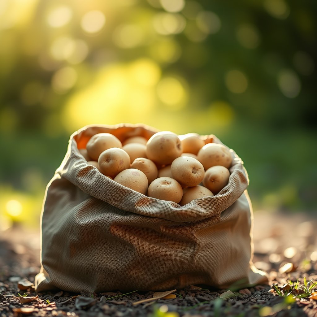 bag with a lot of potatoes, soft natural light, shallow depth of field, bokeh