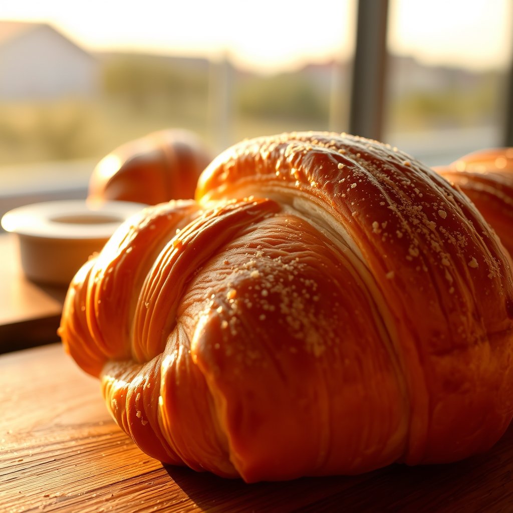 fresh bread croissant pastry closeup, golden hour lighting, warm tones, atmospheric