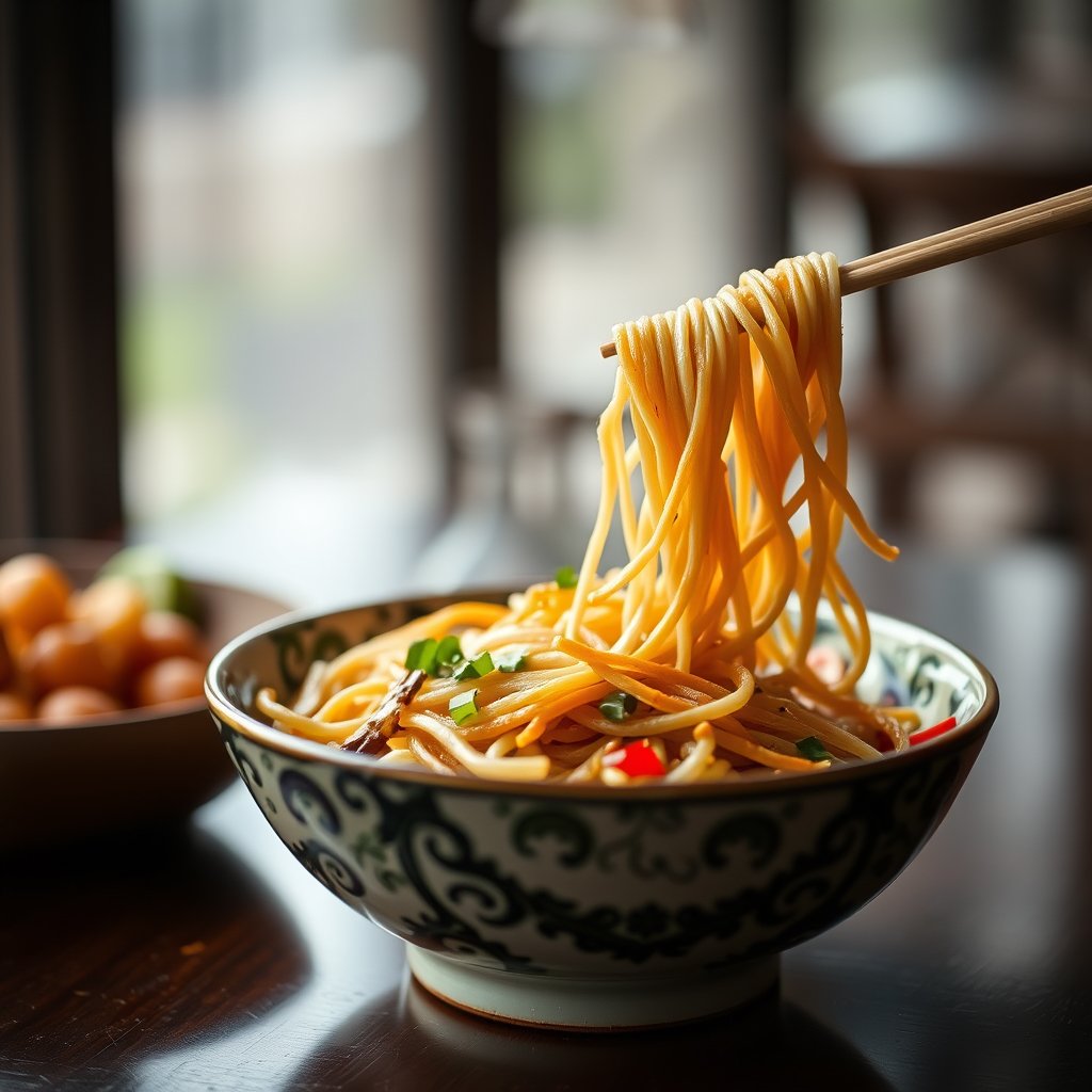 food asian dish noodles rice, soft natural light, shallow depth of field, bokeh