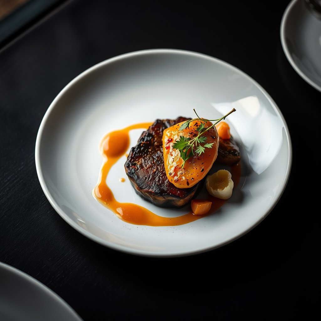 food gourmet dish restaurant serving plate, moody lighting, high contrast, fine art photography