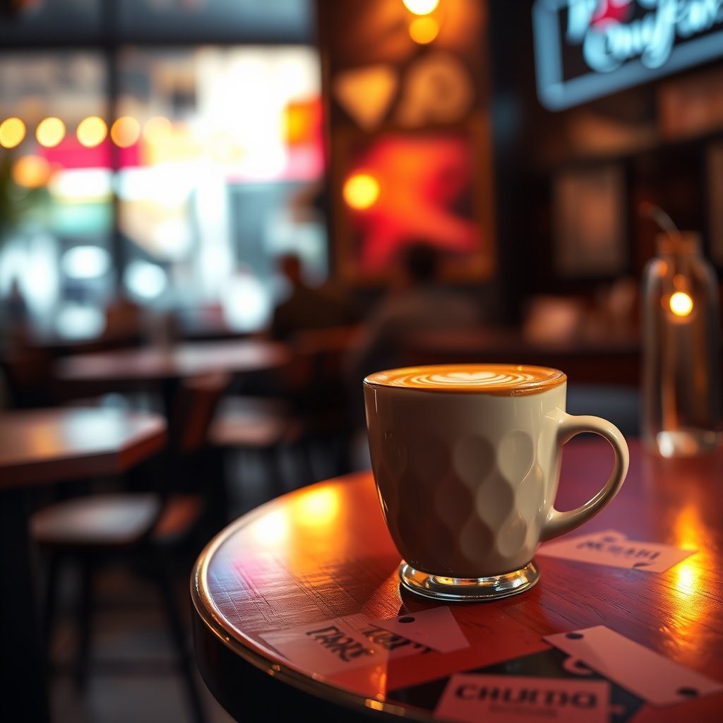 an artisan coffee cup with latte art on a cafe table, cinematic lighting, vibrant colors, dramatic atmosphere