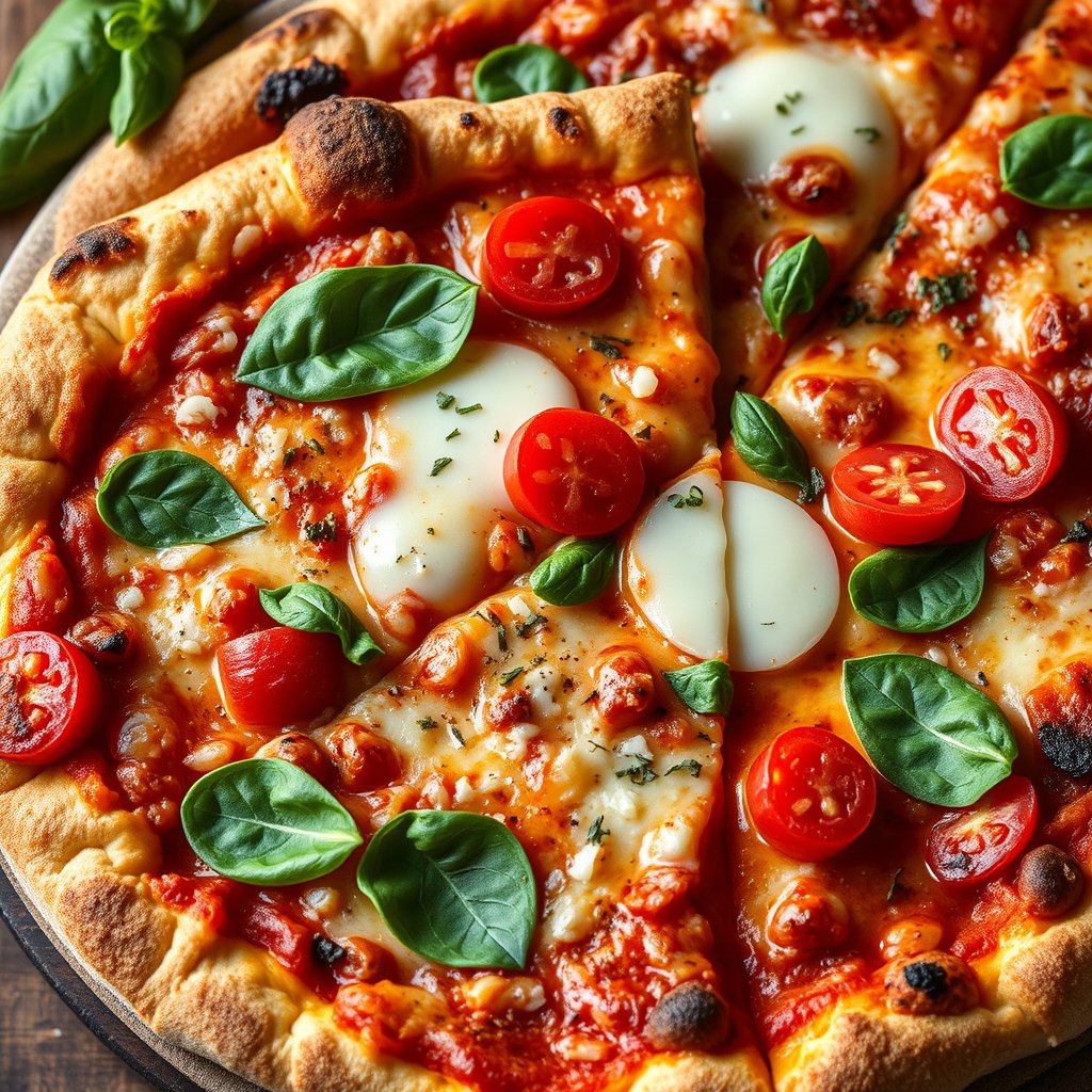 food pizza italian cheese toppings slice, ultra realistic, crisp details, studio quality