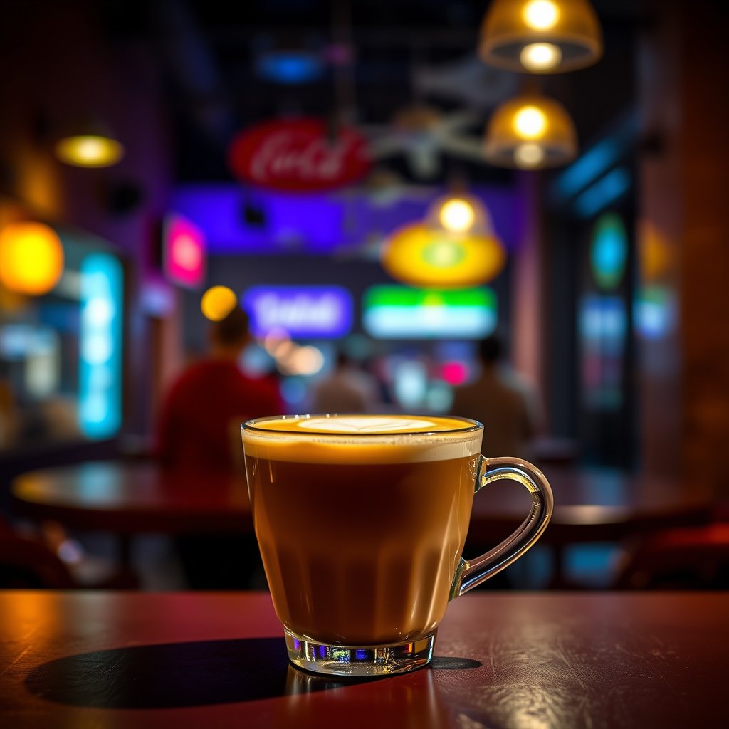 food coffee drink latte cup espresso, cinematic lighting, vibrant colors, dramatic atmosphere