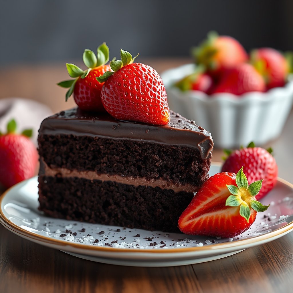 a slice of chocolate cake with strawberries, highly detailed, 8k, professional photography, sharp focus