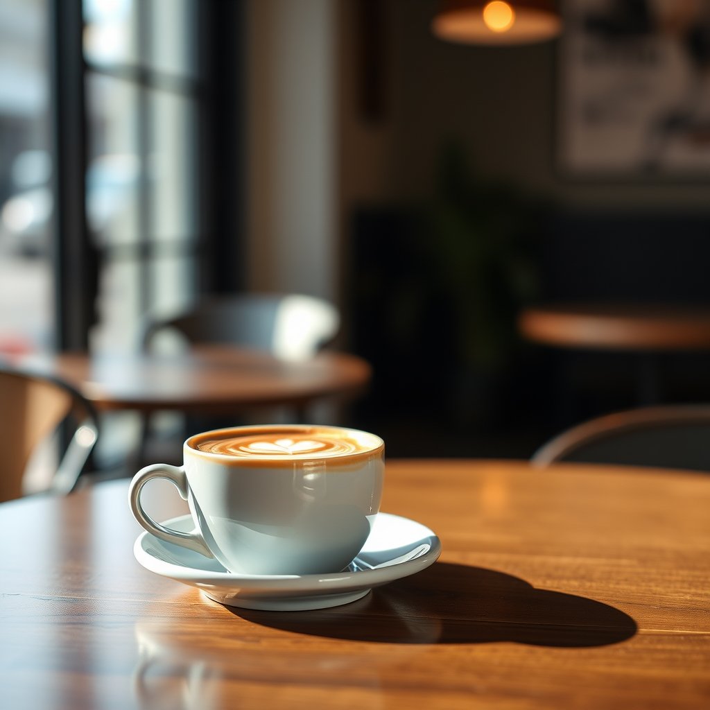 an artisan coffee cup with latte art on a cafe table, soft natural light, shallow depth of field, bokeh