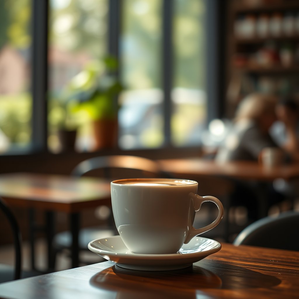 a 2mcoffee in a cafe photo, soft natural light, shallow depth of field, bokeh