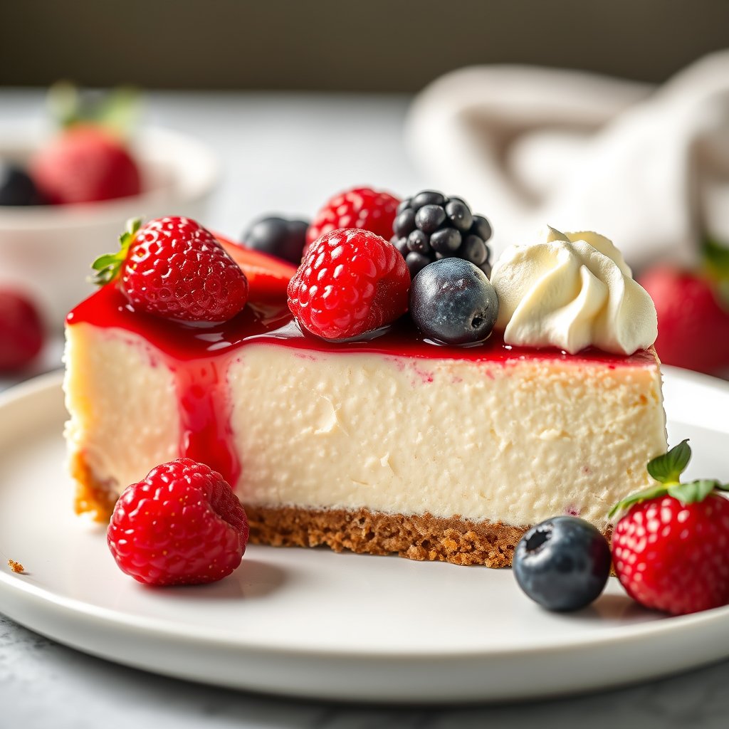 slice of cheesecake with berries, food photography, ultra realistic, crisp details, studio quality