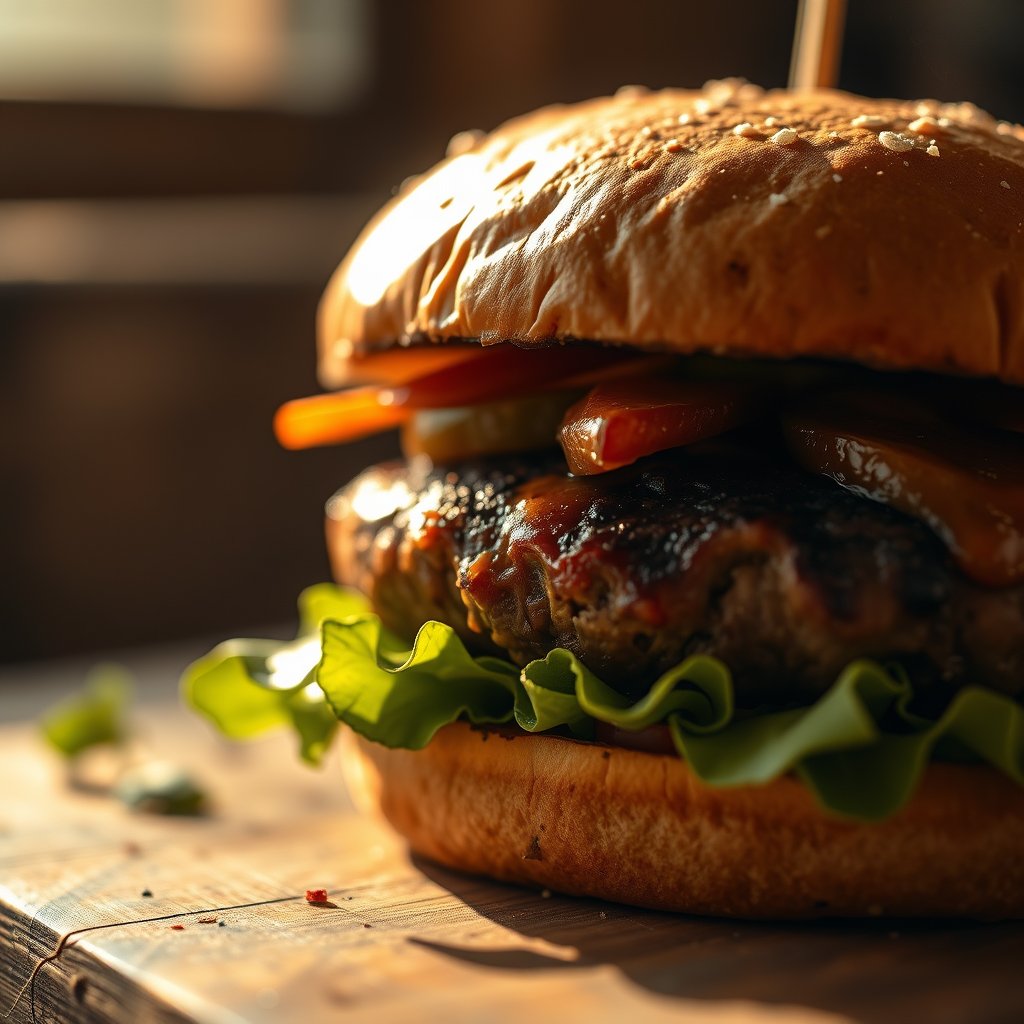 burger sandwich meat patty closeup, golden hour lighting, warm tones, atmospheric, moody lighting, high contrast, fine art photography