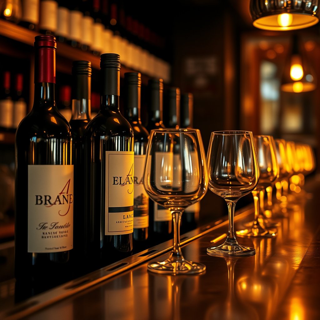 wine bottles glasses bar closeup, golden hour lighting, warm tones, atmospheric
