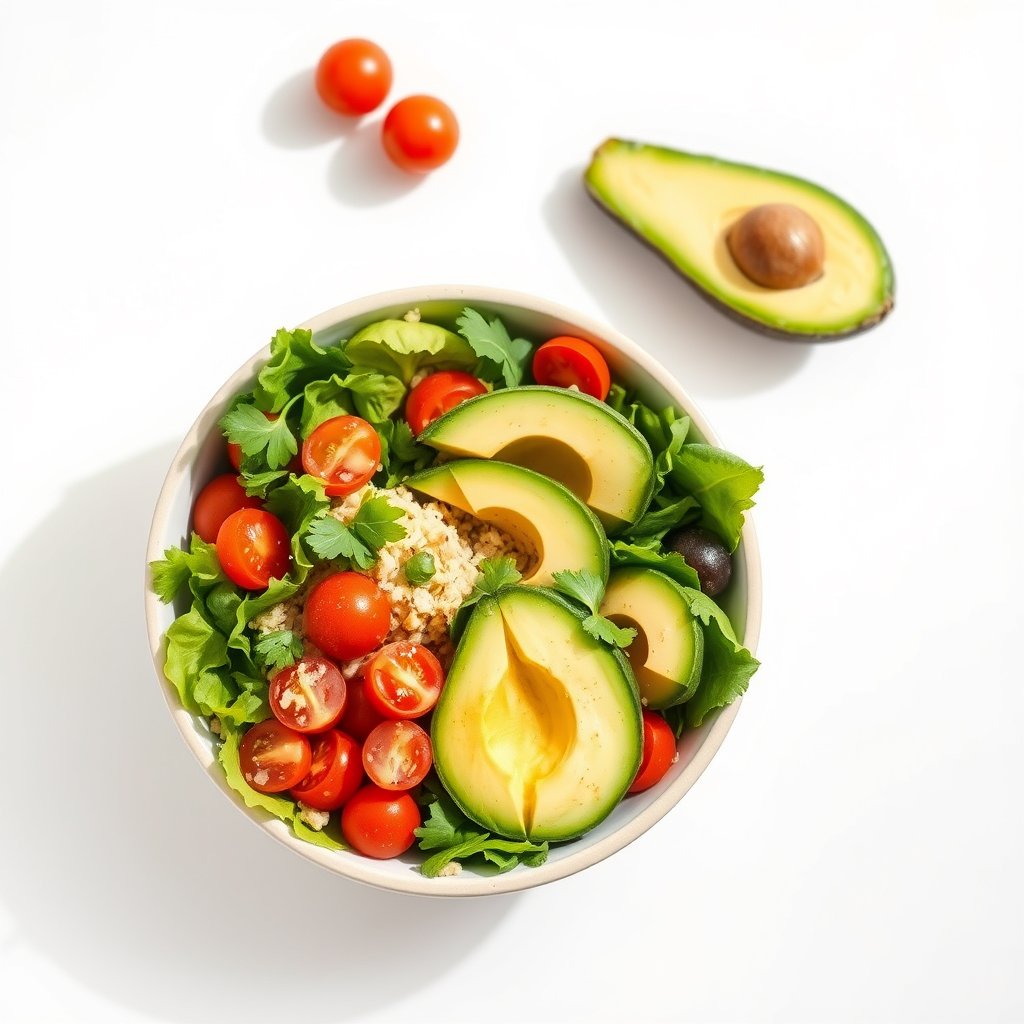 a colorful fresh salad bowl with avocado and tomatoes, minimalist composition, clean background, elegant