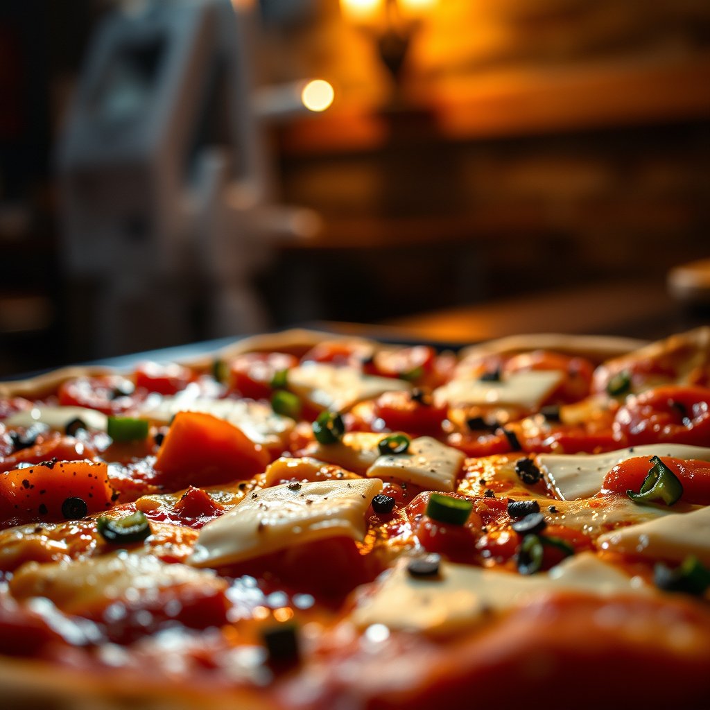 pizza italian cheese toppings closeup, cinematic lighting, vibrant colors, dramatic atmosphere