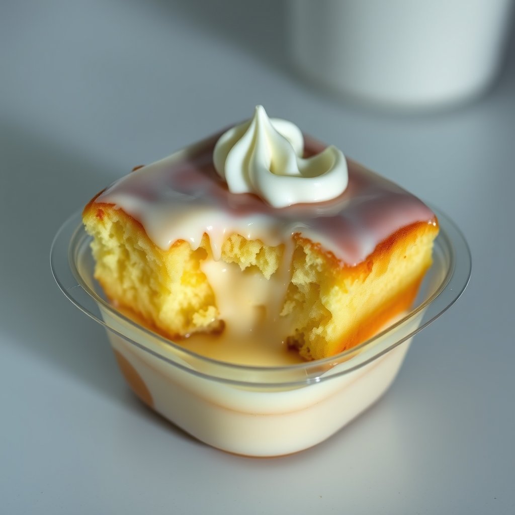 A traditional Nicaraguan tres leches cake served in a small clear plastic food container, extremely moist and soaked with three milks, visible creamy milk pooling around the bottom and edges of the cake, soft saturated sponge absorbing the milk, white whipped cream on top, simple classic decoration, no fruit, no chocolate, homemade bakery style, realistic food photography, appetizing, close-up view, soft natural lighting. Not a dry cake, not a regular sponge cake, not a cake with white glaze, no, moody lighting, high contrast, fine art photography