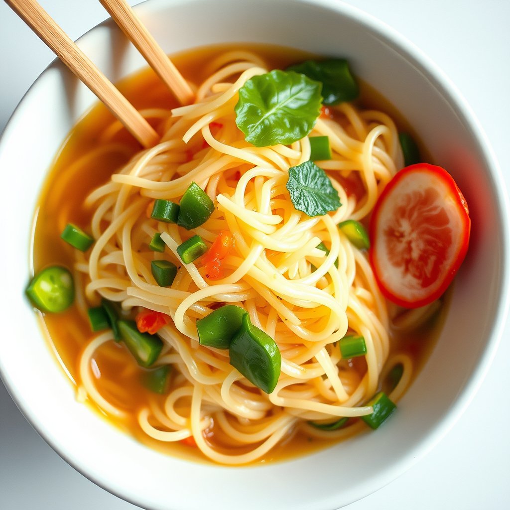food asian dish noodles rice, bright and airy, pastel tones, dreamy aesthetic