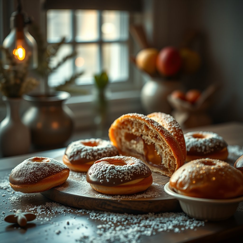 fresh bakery pastry, food photography, soft warm light, light background — Эклер шоколадный, golden hour lighting, warm tones, atmospheric