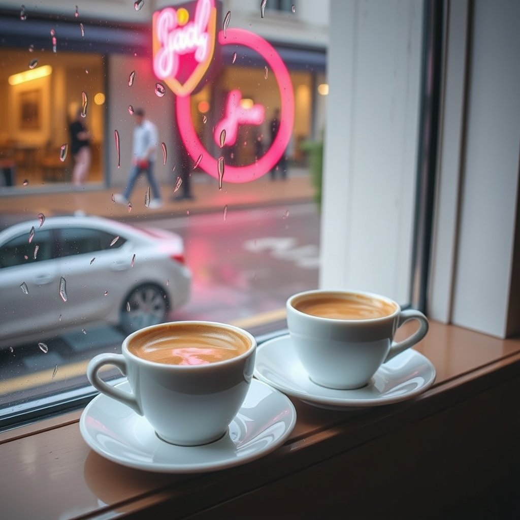 A photograph of two identical cups of coffee in a cafe by the window, with rain falling outside and a neon sign visible., bright and airy, pastel tones, dreamy aesthetic