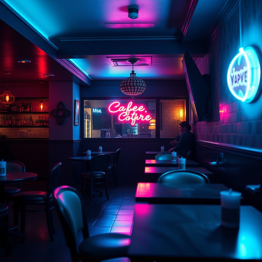 cafe, cinematic lighting, vibrant colors, dramatic atmosphere
