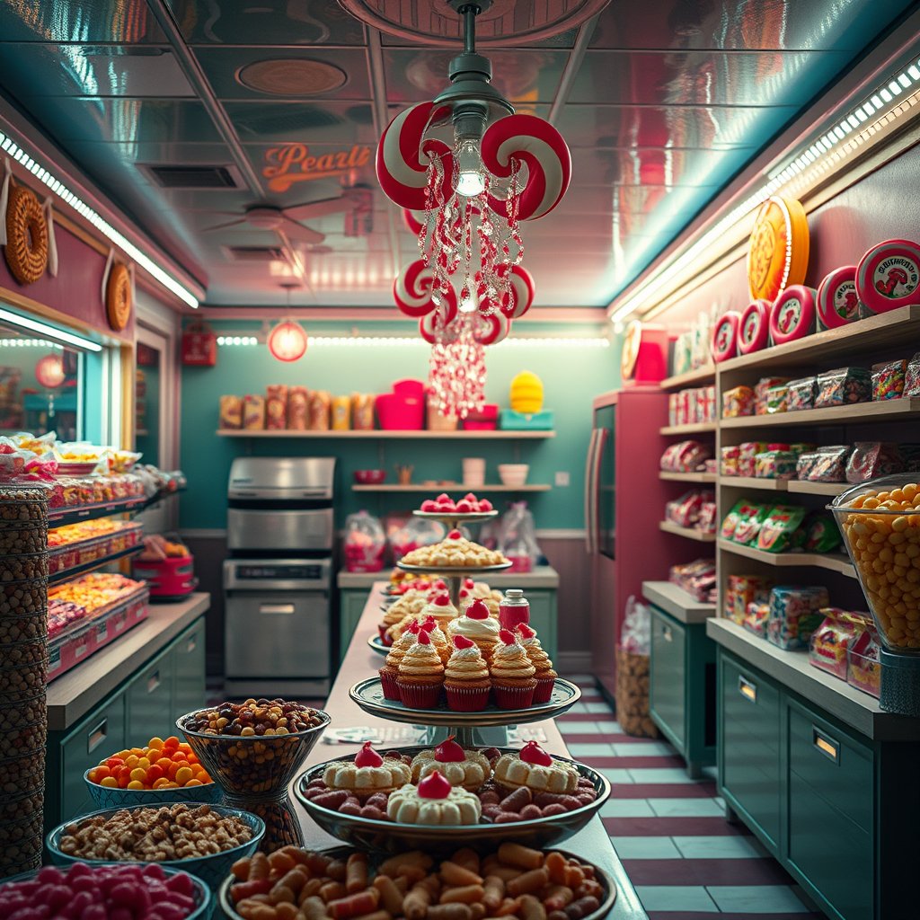 food sweets candy shop interior, cinematic lighting, vibrant colors, dramatic atmosphere