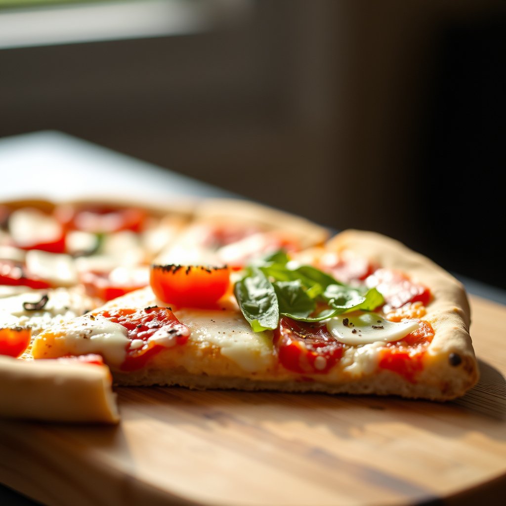 food pizza italian cheese toppings slice, soft natural light, shallow depth of field, bokeh