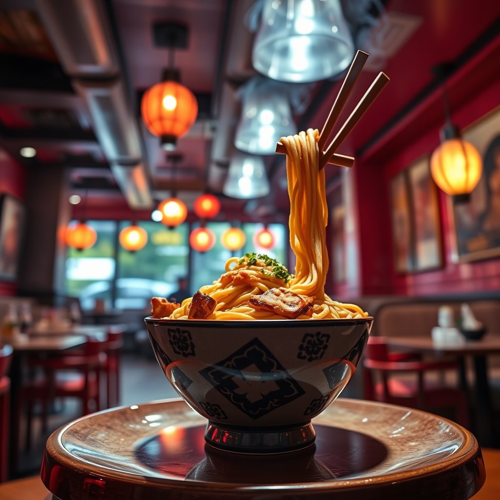 food asian restaurant interior noodles, cinematic lighting, vibrant colors, dramatic atmosphere